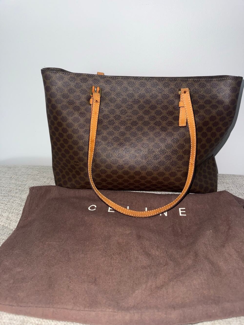 Celine Macadam Brown Monogram Tote Bag Tan Leather Trim, Gold Hardware, Dust Bag